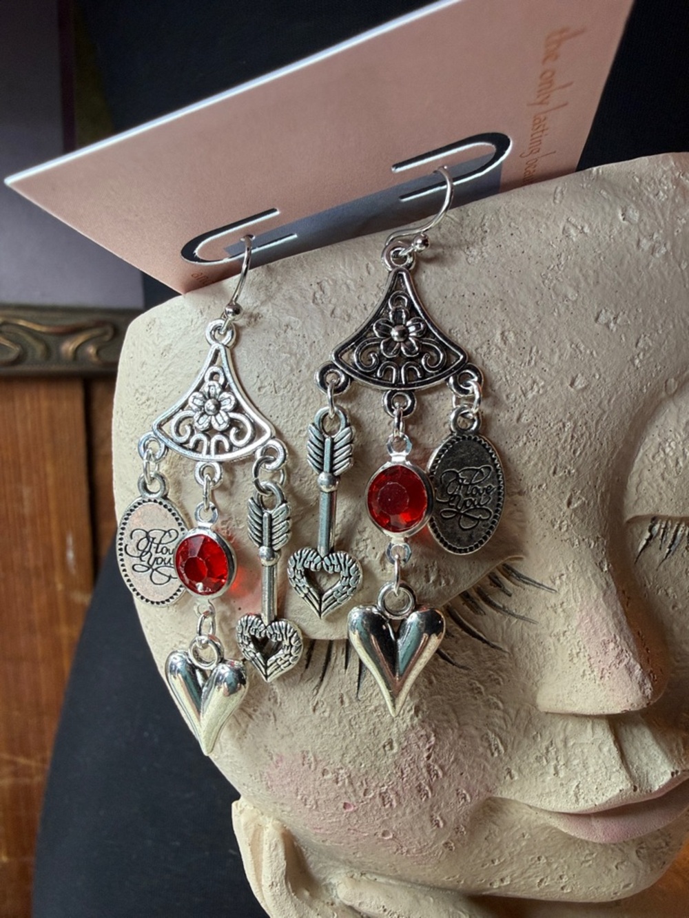 Silver-Tone Red Crystal Heart Dangle Earrings — Brand: